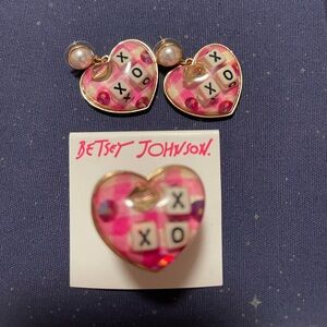 Betsey Johnson Pink Heart XO Earrings and Ring Trio with Pearl Accent